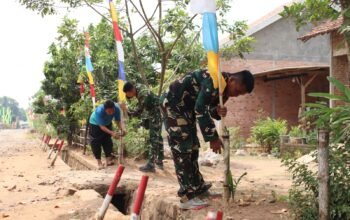 Jelang HUT Ke-81 RI, Satgas TMMD dan Warga Desa Baru Raharja Pasang Bendera Merah Putih dan Umbul-Umbul