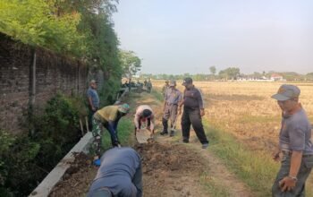 Anggota Satgas TMMD Kodim 0726/Sukoharjo membersihkan tanah memakai angkong* di Desa Parang Joro